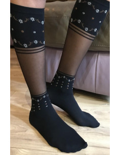 Mi bas fleurs de corolles noires tendance