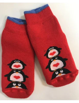 Chaussons Chaussettes molletonnées enfants Pingouin rouge ou chat bleu