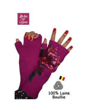 Mitaines  laine bouillie fleurs à strass