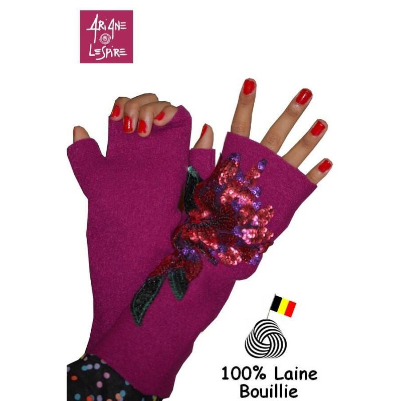 Mitaines  laine bouillie fleurs à strass