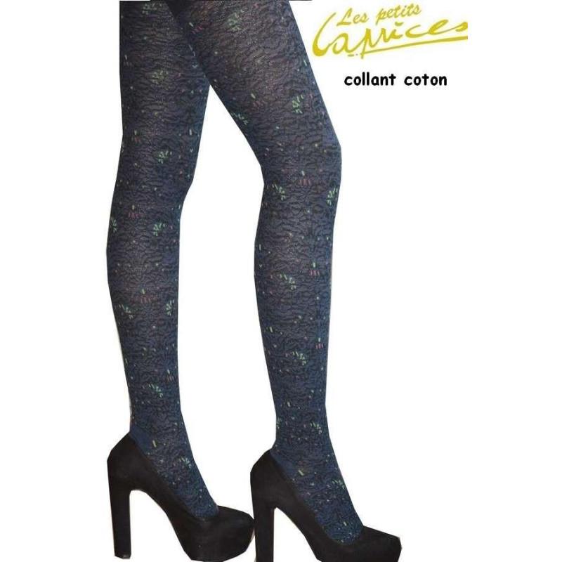 Collant coton dentelle fleuri cobalt