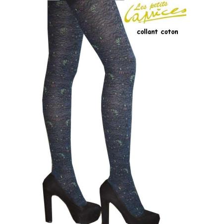Collant coton dentelle fleuri cobalt