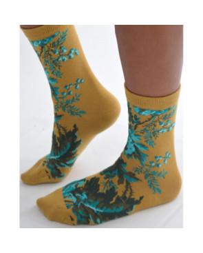 Chaussettes-les-petits-caprices-moutarde-fleuris-de-turquoise-3-quart-profil