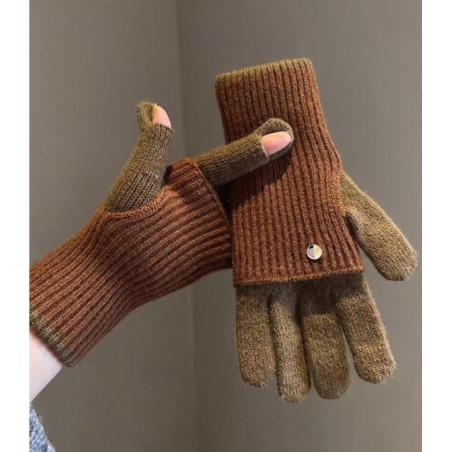 gants-mitaines laine-douce-ouvertes-aux pouces-brun
