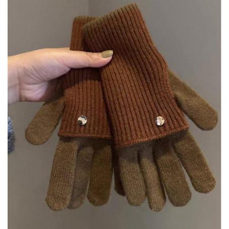 Gants Mitaines superposé chics Bicolore Brun vert