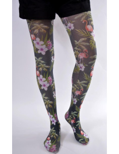 collant fantaisie opaque imprimé flamant roses fleuris