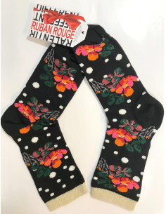 chaussettes ruban rouge Noires à pois et orchidées