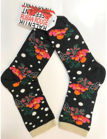 chaussettes ruban rouge Noires à pois et orchidées