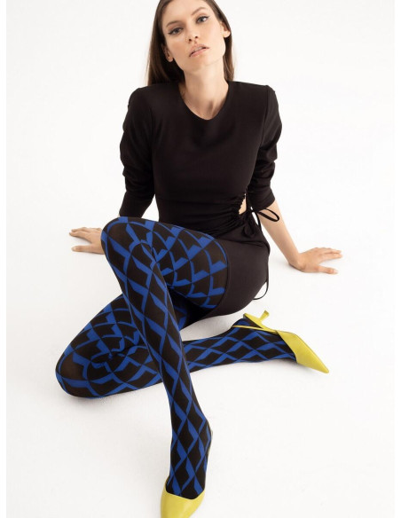 collant opaque noir tendance losanges bleus