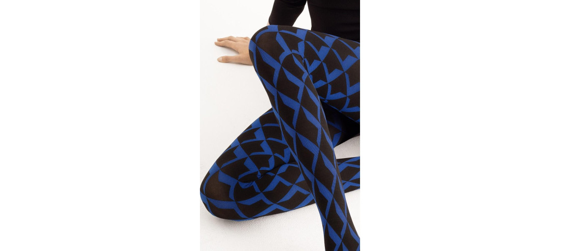 collant opaque noir fantaisie Fiore avec losanges cobalt