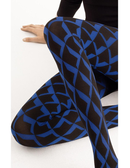 collant opaque noir fantaisie Fiore avec losanges cobalt