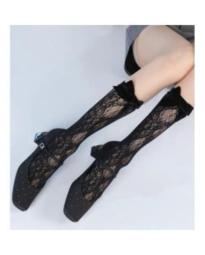  chaussettes-ajustables-dentelle-résille-Fleuris-noir-ruban-velours