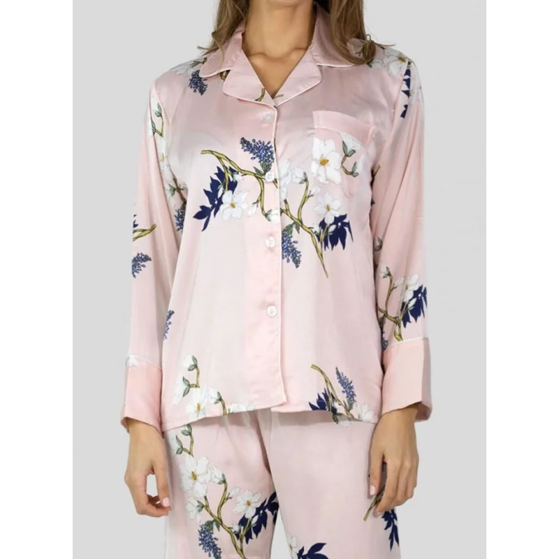 Night - Pyjama de maternité en satin avec bordures détachable à plumes  synthétiques - Crème et pois roses