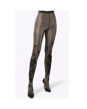  Collant-Pierre-Mantoux-Lurex-argent-Bouquet-fleuris-noirs