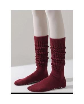  Chaussettes-coton-cotes--anti-dérapant-yoga-bordeaux-plissé