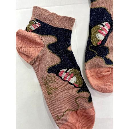 Socquette Berthe aux Grands Pieds Papillons rose or