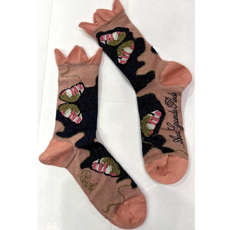 Chaussettes Berthe aux grands Pieds Rose Poudre Papillons d'or Chaussettes Berthe aux grands Pieds Rose Poudre Papillons d'or