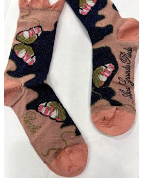 Chaussettes Berthe aux grands Pieds Rose Poudre Papillons d'or