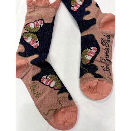 Chaussettes Berthe aux grands Pieds Rose Poudre Papillons d'or