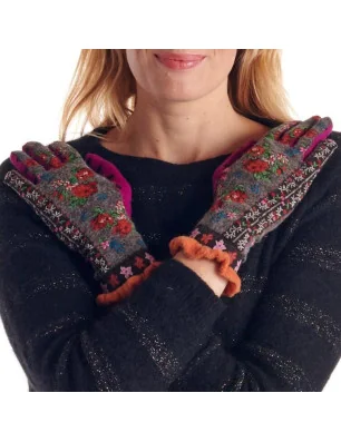 gants en laine angora fil de jour patchwork taupe fleuri
