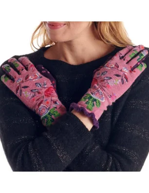 gants rose en laine angora fil de jour à fleurs patchwork