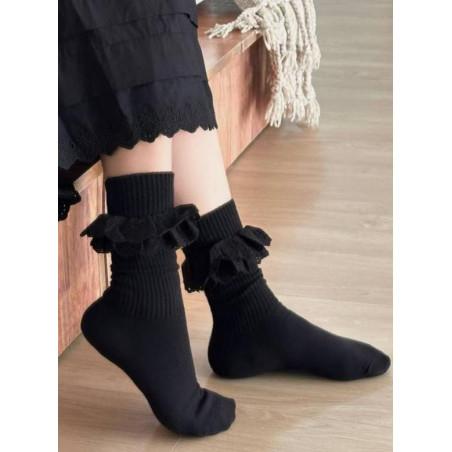Chaussettes-coton-egyptien-Cotes--revers dentelle-non-comprimant-noir