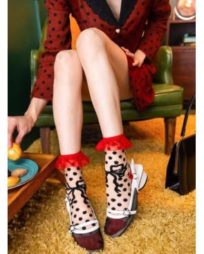 Chaussettes-Crystal-pois-chic-nœud-pap-revers-rouge-stylé