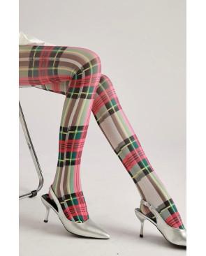 Collant-imprimé-Leopoldo-Caprices-TARTAN-beige-rose-vert-assis