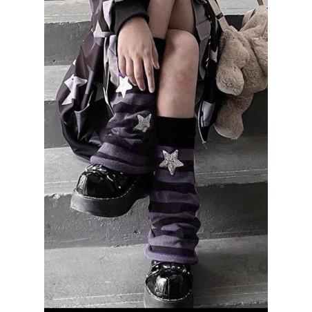 Guetres-Punky-Laine-rayures-bicolore-stars-silver-Noires-Grises