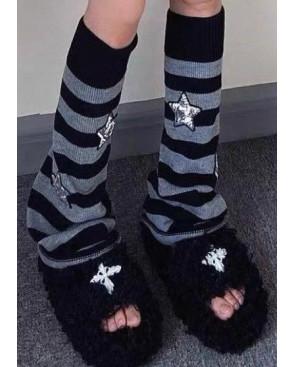 Guetres-Punky-Laine-rayures-bicolore-stars-silver-Noires-Grises-2