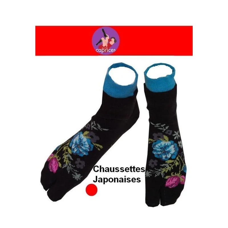 Chaussettes japonaise noire petites fleurs bleues