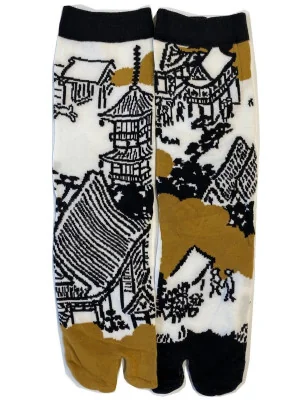 Chaussettes-japonaises-coton-les-petits-caprices-asymétriques-village-traditionnel-a-plat