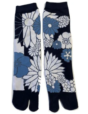 Chaussettes Japonaises coton bleu Fleurs de lotus