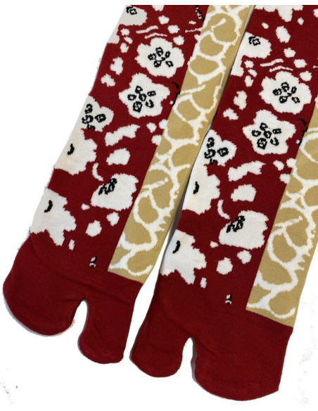 Chaussettes Japonaises bordeaux arbre fleurs blanches détail