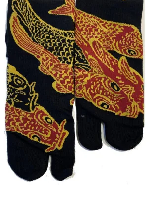 Chaussettes Japonaises noires carpes Koi or rouges et noires