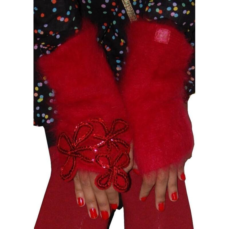 Mitaines Mohair tréfles strass  rouge Ariane Lespire
