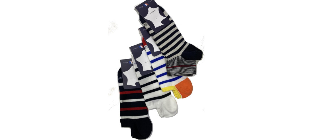 Assortiment-de-4-paires-Socquette-fil-d-ecosse-Perrin-Homme-rayures-mariner-a-plat-eventail