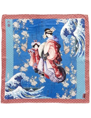 Carré-imprimé-ruban-rouge-reproduction-estampes-hokusai RUFOU01-a-plat