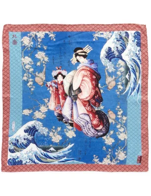Carré-imprimé-ruban-rouge-reproduction-estampes-hokusai RUFOU01-a-plat