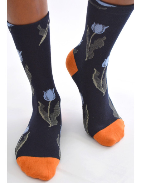 Chaussettes-les-petits-caprices-marine-TULIPES-bleues-face