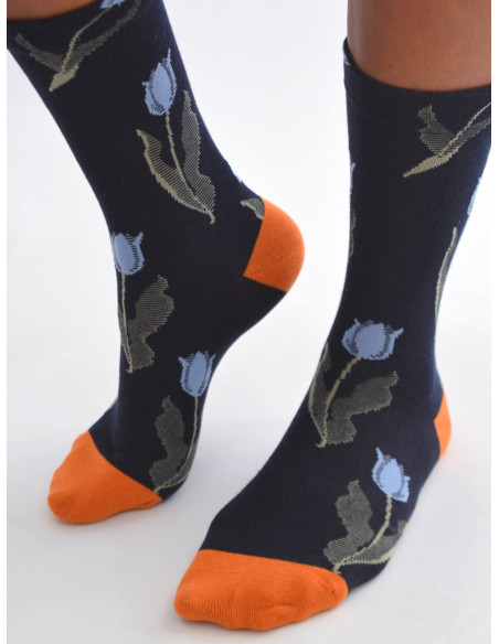 Chaussettes-les-petits-caprices-marine-TULIPES-bleues-3-quarts