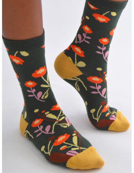 Chaussettes-les-petits-caprices-Vert-Oeillets-fleuris-3-4