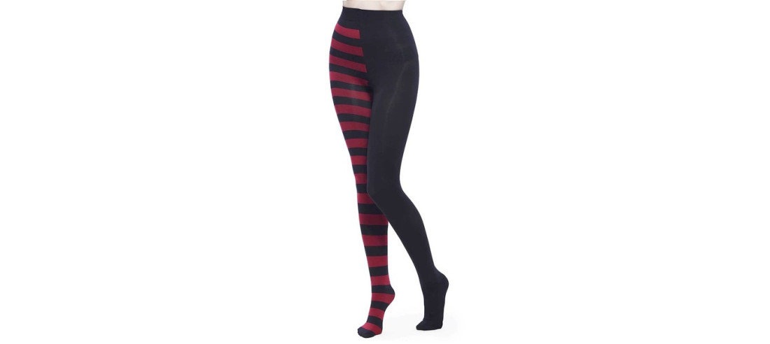 Collant-asymlmètrique-opaque-Rayures-noires-rouge-halloween-avant