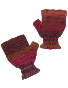 Mitaines-5-doigts-Laine-tricotée-rayures-brun-rouge