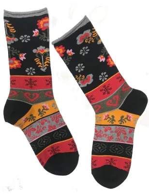 Chaussettes-coton-sans-compression-cronert-Fleurs-patchwork-noir