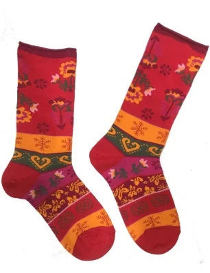 Chaussettes-coton-sans-compression-cronert-Fleurs-patchwork-rouge