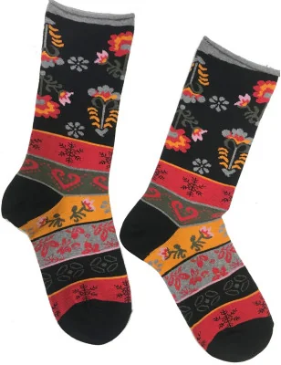Chaussettes-coton-sans-compression-cronert-Fleurs-patchwork-noir-détail