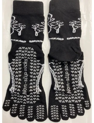 Chaussettes-coton-5-Doigts-Yoga-Pilates-Anti-dérapantes-bouquet-noir-détail-semelle-dos-détail