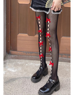 Collant-Les-PEtits-caprices-resille-noir-baguettes-gouttes-et-rubans-rouges