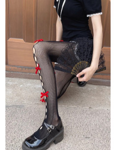 Collant-Les-PEtits-caprices-resille-noir-baguettes-gouttes-et-rubans-rouges 2